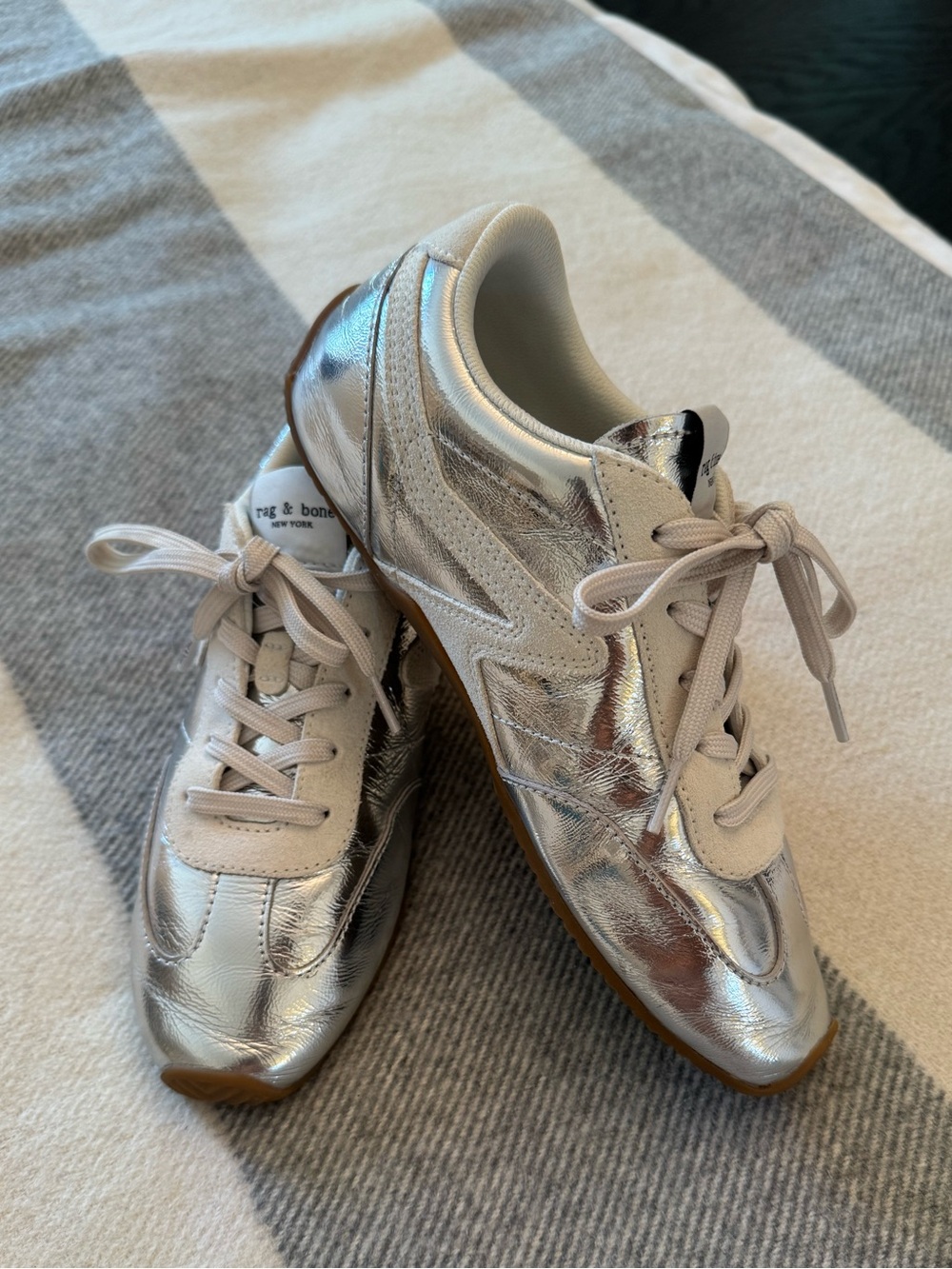rag & bone Silver Metallic Leather Lace-Up Sneakers